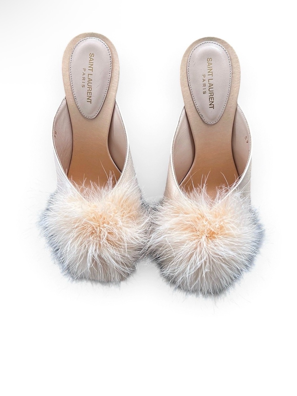 Saint Laurent Cream Leather Slide Mules with Peach and Gray Fur Poms